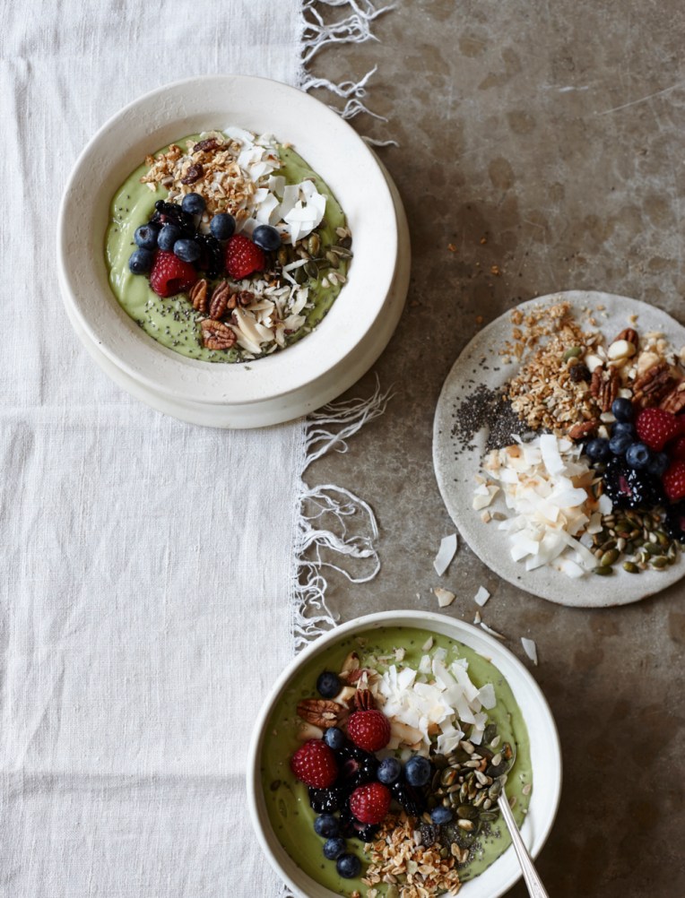 Avocado, coconut and berry breakfast bowls. Food photography from Joanna Henderson for Kyle Books
