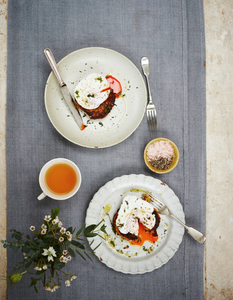 Sweet potato rosti served with a free range poached egg. Food photographer Joanna Henderson for Kyle Books